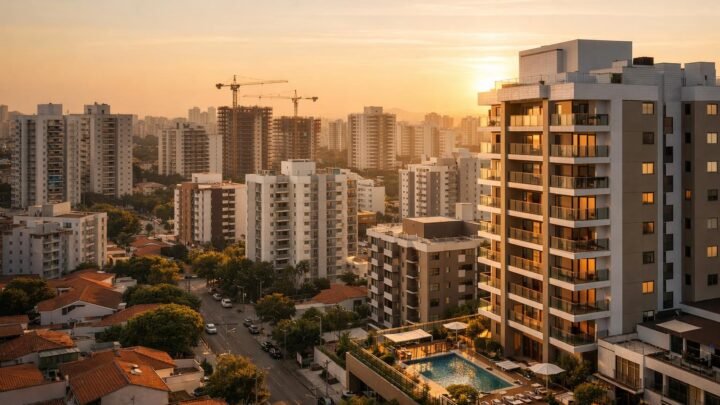 Vista de vários prédios residenciais de médio porte em área