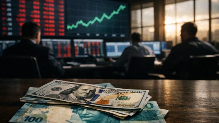 Montagem conceitual com notas de dólar e de real sobrepostas