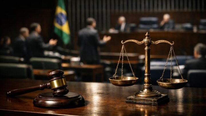 Ilustração conceitual mostrando um martelo de juiz sobre uma mesa