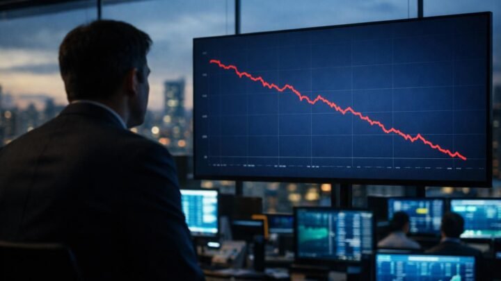 Gráfico financeiro em tela digital mostrando linha descendente em vermelho