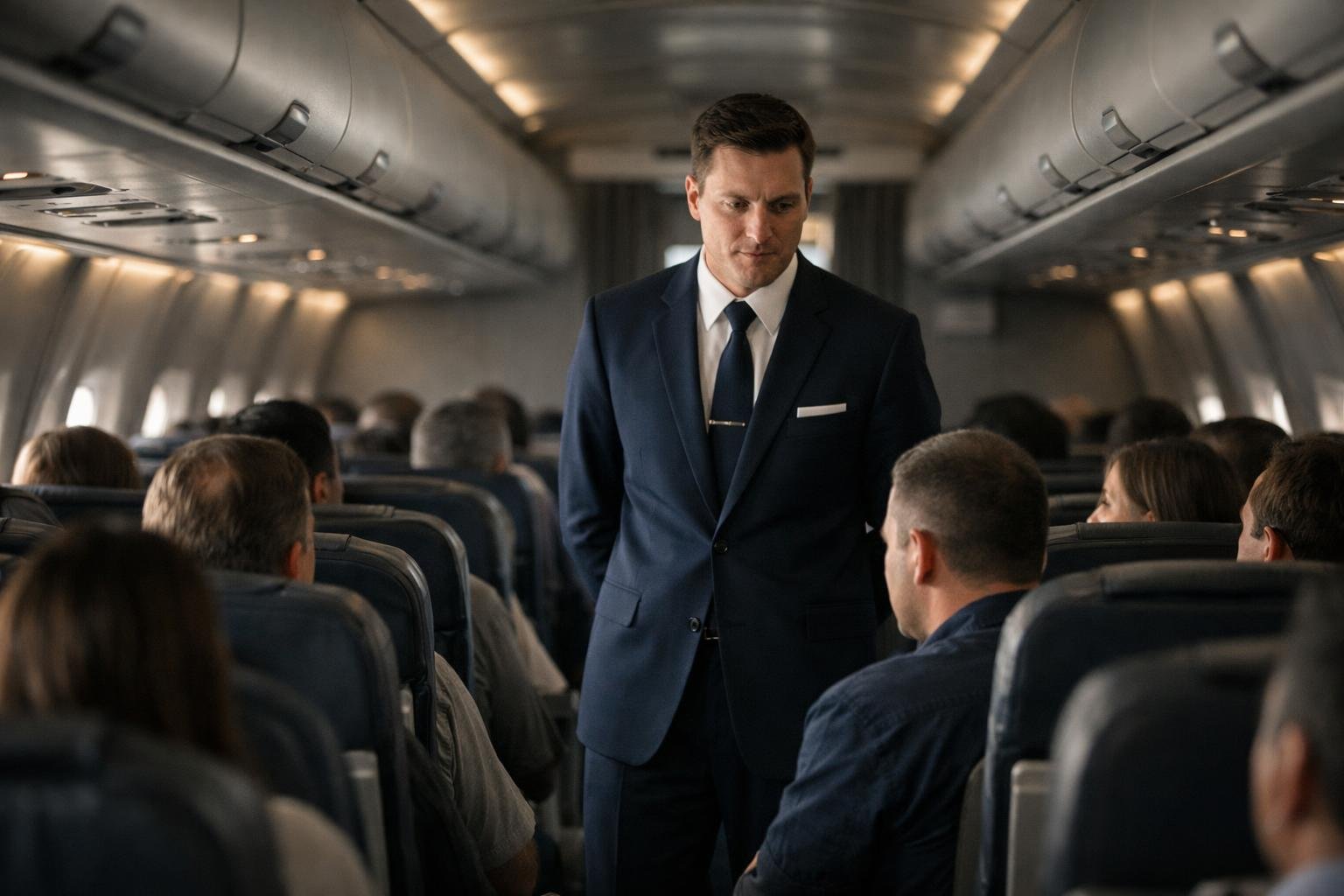 Interior de um avião comercial durante o embarque, com passageiros
