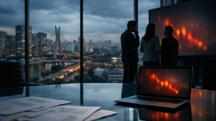 Gráfico financeiro em tela digital mostrando linhas descendentes em tons