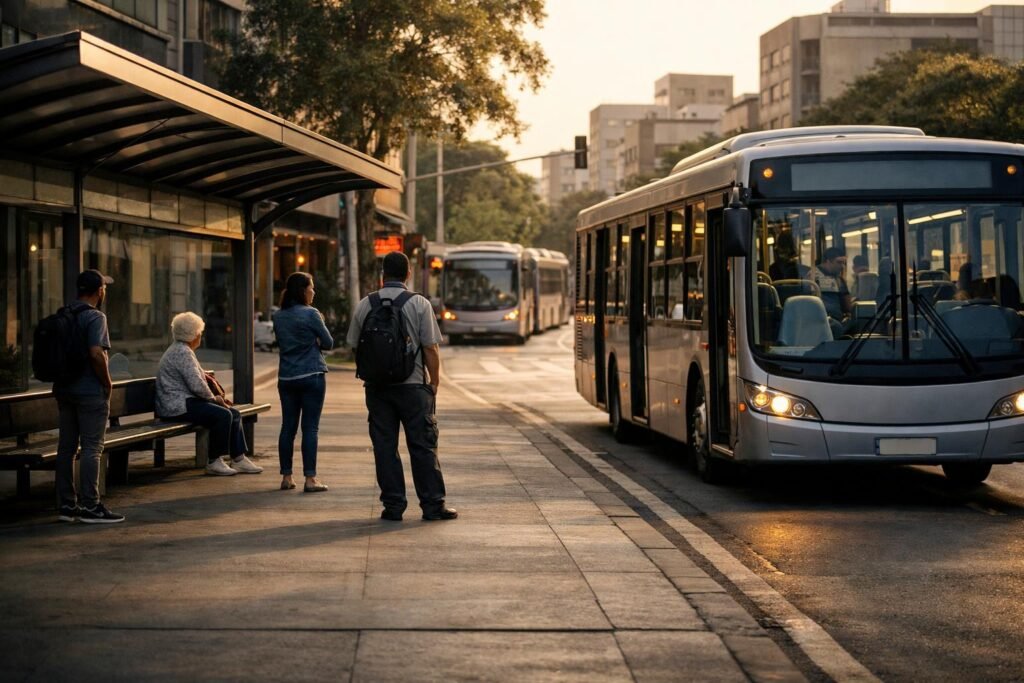 Ônibus urbano em operação em uma via da cidade, com