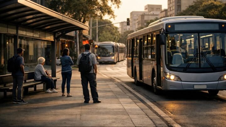 Ônibus urbano em operação em uma via da cidade, com