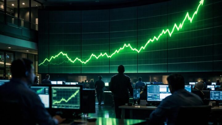 Gráfico financeiro em tela digital com linha verde em forte