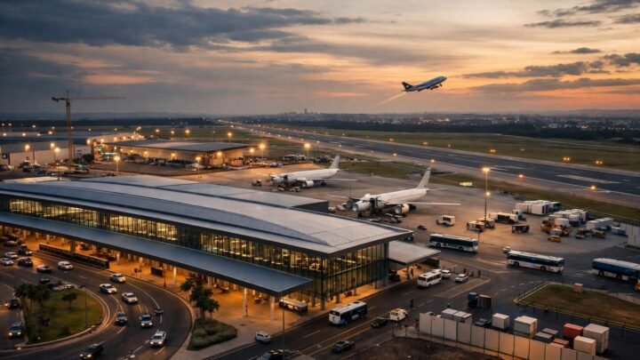 Vista aérea de um grande aeroporto com terminal de passageiros,